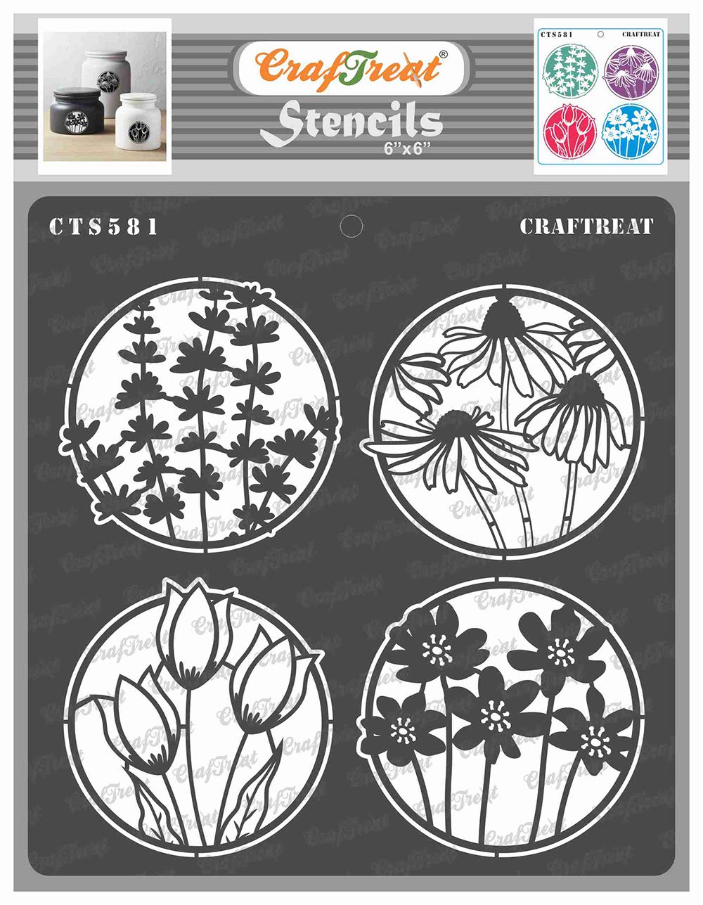 CrafTreat Reusable Flower Stencils for Painting on Wood, Canvas, Paper, Fabric, Floor, Wall and Tile - Flowers Negative - 6x6 Inch - DIY Art and Craft Stencils for Painting Flowers - Flower Pattern