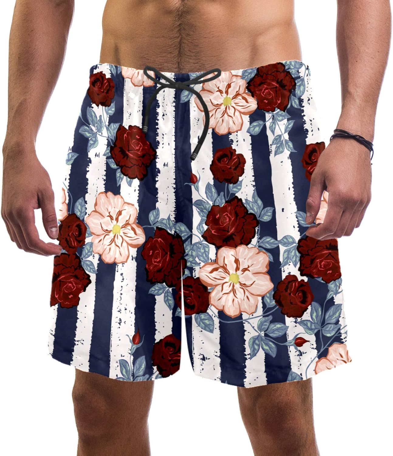 nakw88 Floral Stripe Flower Swim Shorts for Men Swim Trunks Men’s