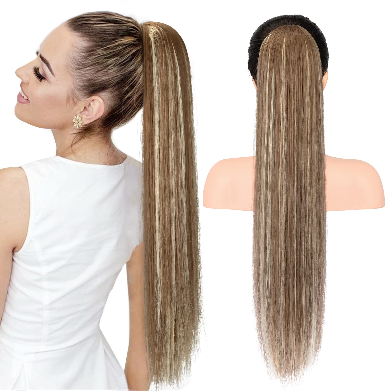 Photo 1 of SEIKEA 28" Ponytail Extensions Drawstring Long Straight Fake Pony Tail Natural Soft Clip in Hair Extension Synthetic Heat Resistant Hairpiece - Ash Brown with Platinum Blonde Hightlights