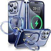 [CD Metal Ring & Invisible 360° Spin Stand] Magnetic Case for iPhone 15 Pro [Electroplated Shockproof Bumper ] [Compatible with Mag Safe] Cover with Stand for Women Men Slim Clear - Blue Titanium