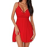 BemorRun Womens Nightgown Sexy Sleepwear Lace Chemise V-Neck Babydoll Lingerie Spaghetti Strap Nighty with Side Slits(Red,XXL), XX-Large