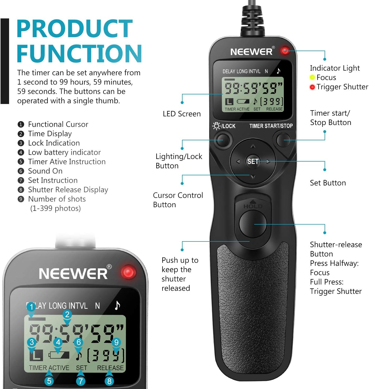 Neewer LCD Timer Shutter Release Remote Control for Canon 760D(T6s)/750D(T6i)/700D(T5i)/1300D(T6)/1100D(T3)/1000D(XS)/650D(T4i)/600D(T3i)/550D(T2i)/500D(T1i)/450D(XSi)/400D(XTi)/350D DSLR Cameras - Image 3
