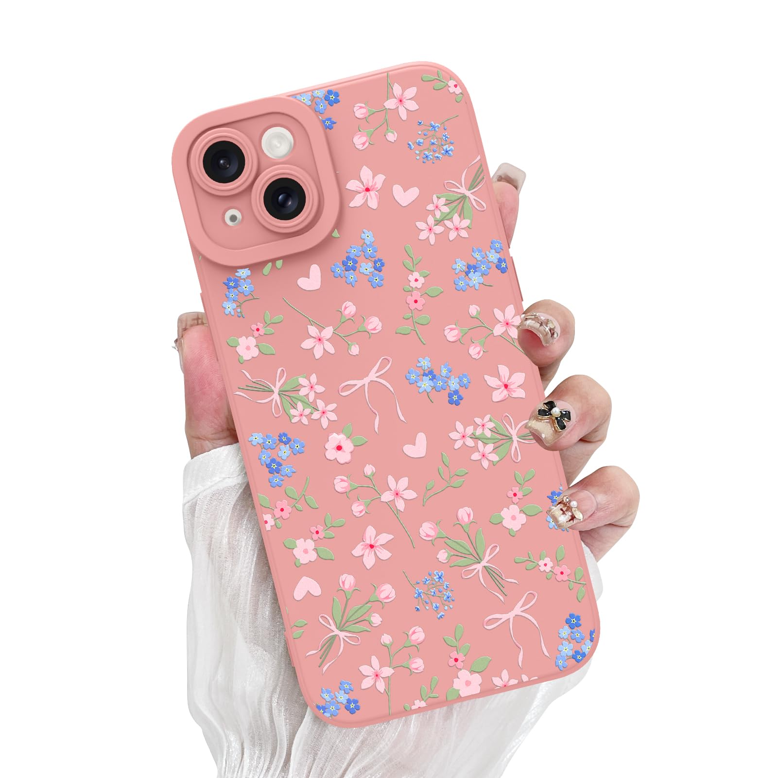PIGLULOO Cute Floral Case for iPhone 15,Pink Heart Ribbon Bowknot Pattern for Women Girls,Aesthetic Flower Bow Design Slim Soft TPU Protective Phone Case,Pink