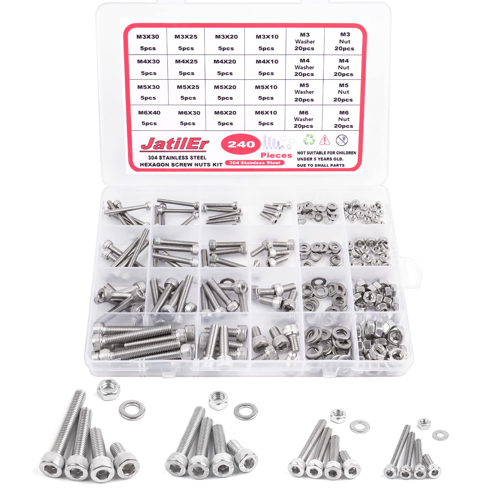 JatilEr 240 Pcs M3 M4 M5 M6 Hexagon Socket Bolts and Nuts Set, 304 Stainless Steel Hex Socket Head Cap Screws and Washers Set Mechanical Hexagon Screws Nuts Assort Kit for Auto Furniture Industrial
