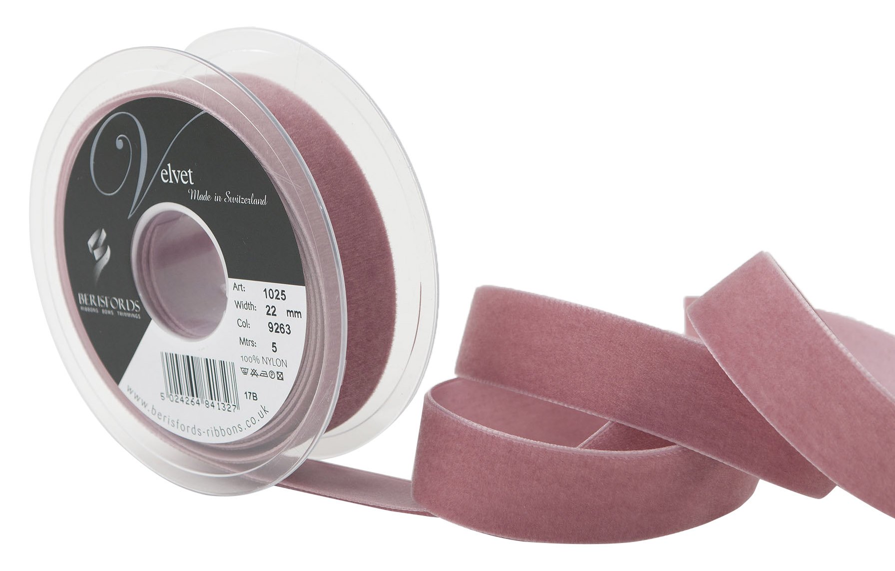 Berisfords Velvet Ribbon, Colonial Rose, 5 m x 22mm