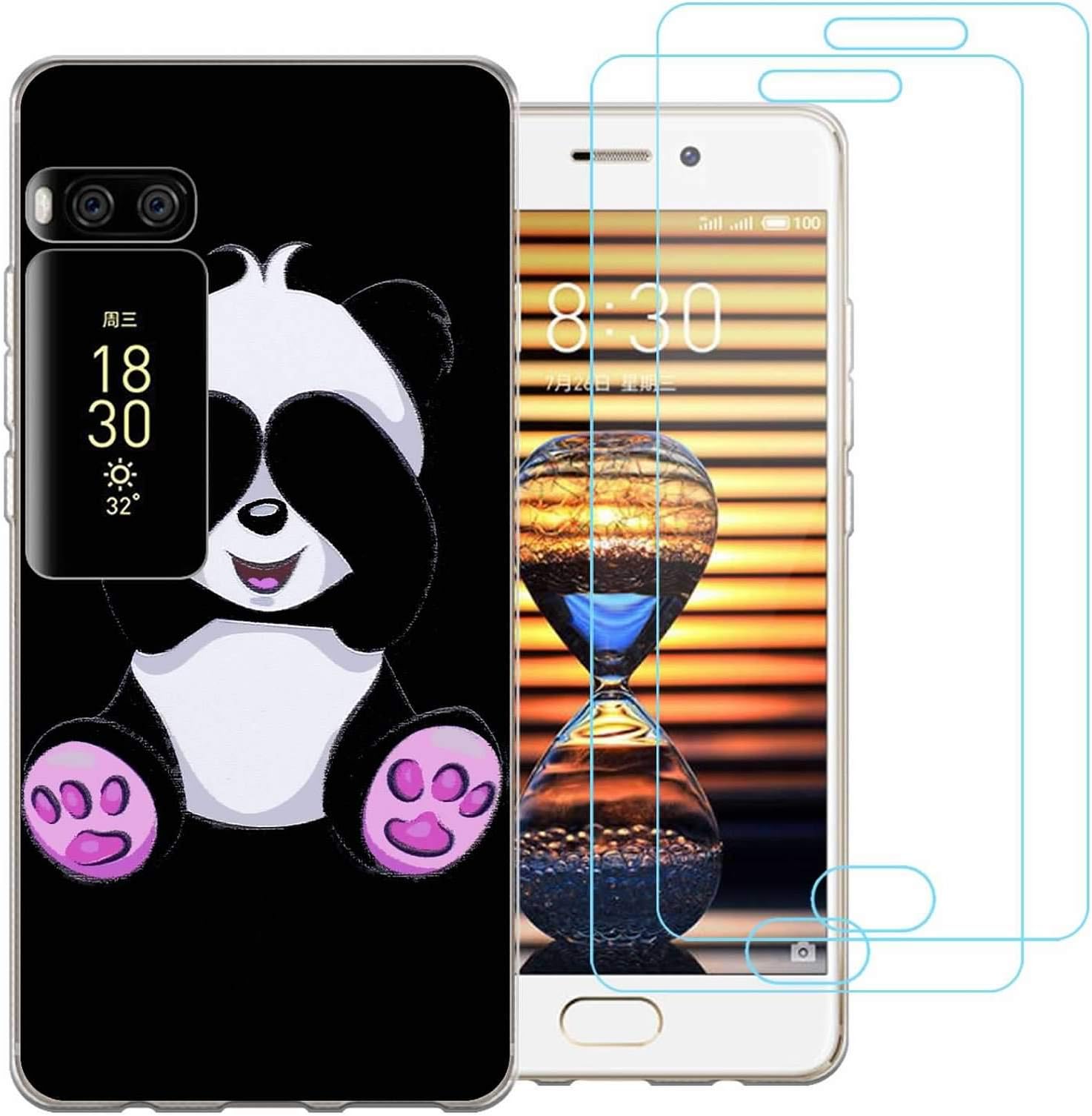 Meizu Pro 7 Case,Cute panda Soft Silicone TPU Protective Case Cover For Meizu Pro 7 (5,2") with TWO tempered glass screen protector