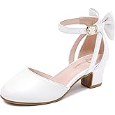 Parrosoo Girls Heels Dress Shoes Flower Girl Pumps with Cute Bow Closed Toe High Heels Adjustable Buckles Wedding Party