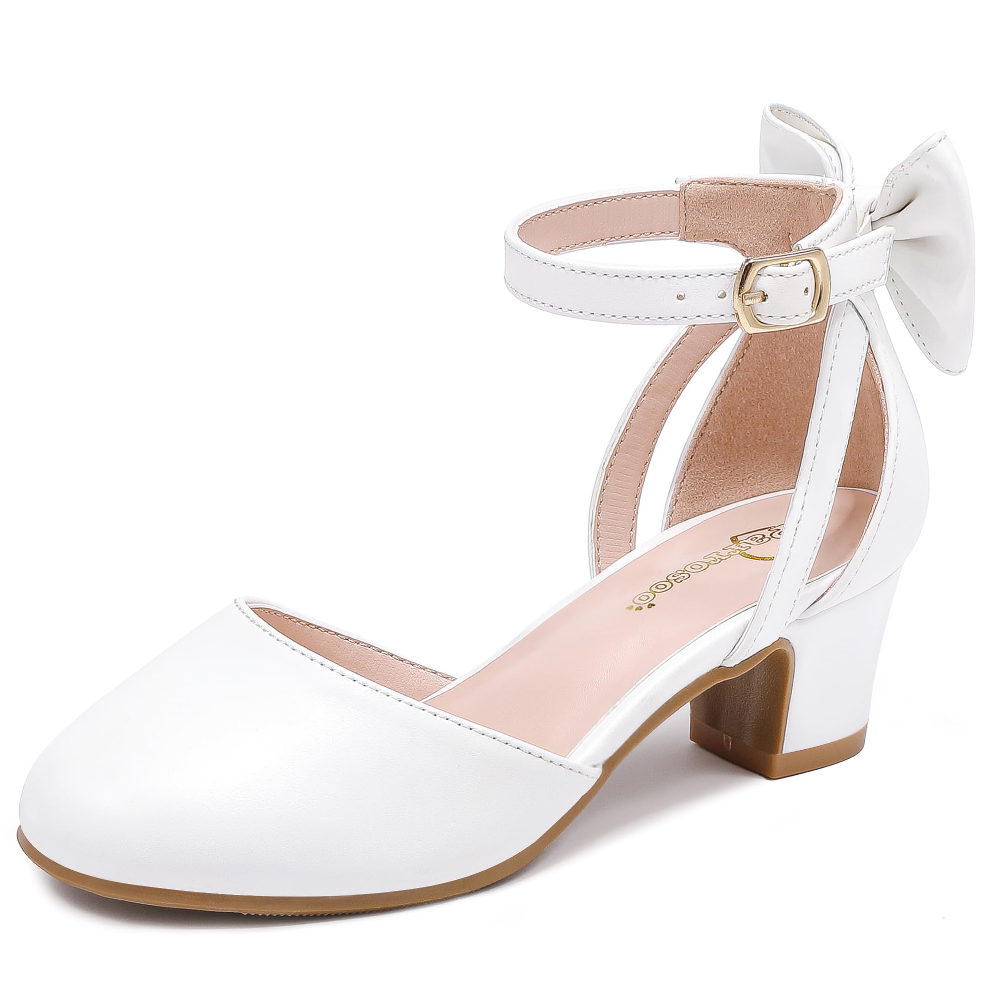Photo 1 of Parrosoo Dress Shoes for Girls High Heels Kids Flower Big Kid Pump Shoes with Cute Bow Sandals Little Girl Size 2 Princess Closed Toe Wide Mary Jane Wedding Church School Party Formal (8801 White 2)
