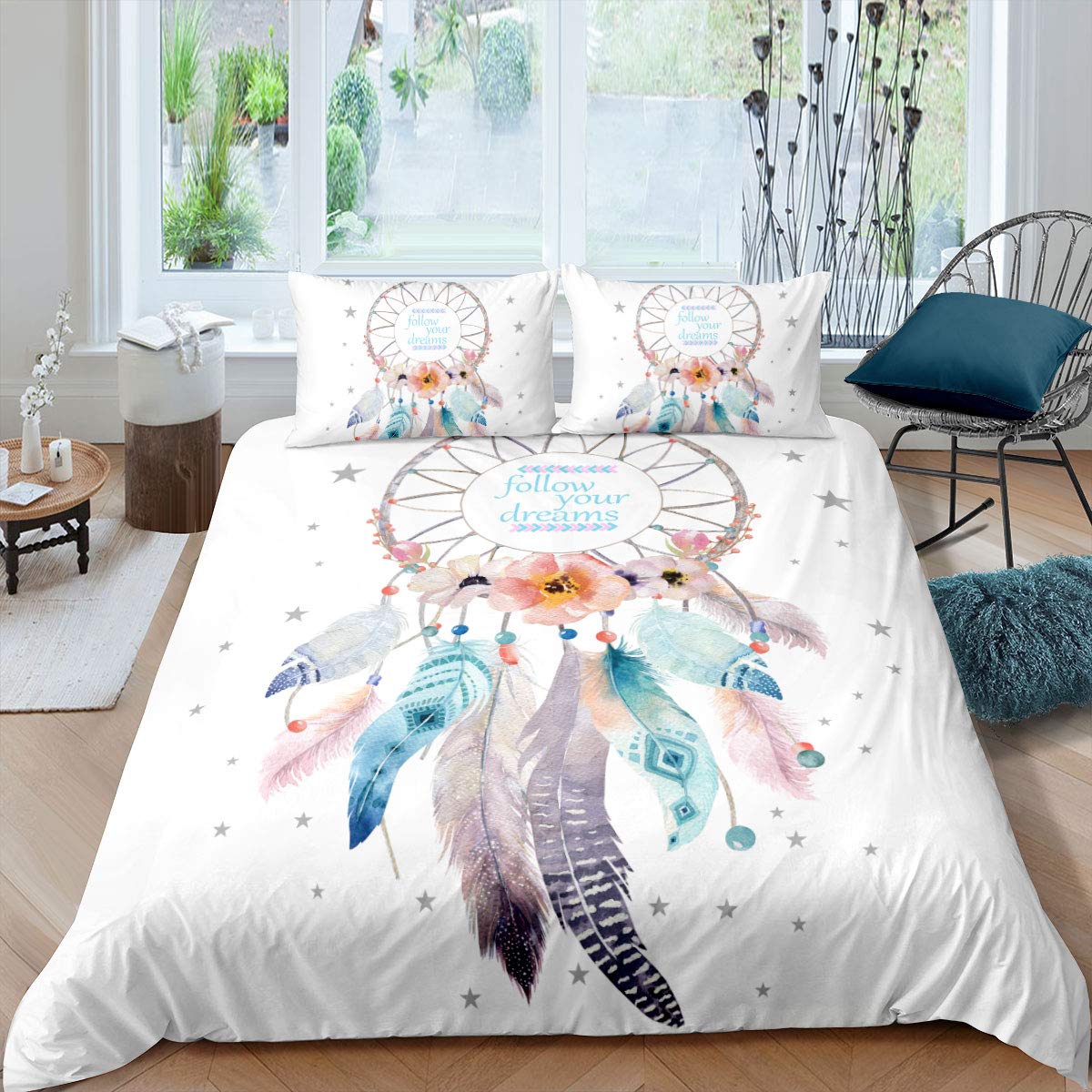 Dream Catcher Bedding Set Double Size Follow Your Dreams Comforter Cover Decorative 3 Pieces Galaxy Duvet Cover Set Dreamy Feather Bedspread Cover with 2 Pillowcase Microfiber Zipper — image 1
