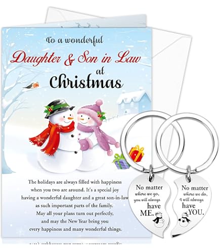 Carte De Noël Pour Belle-fille Et Beau-fils - Motif Pingouins Mignons - 15.5x15.5cm Avec Enveloppe Rouge