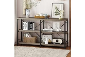 BON AUGURE Rustic Console Table Behind Sofa, Industrial Entryway Table with Storage Shelves, 3 Tier Long Bookshelf for Entry (55 Inch, Dark Grey Oak)
