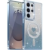 Lafunda Magnetic for Samsung Galaxy S25 Ultra Case Glitter, Cute Love Heart Plated Luxury Sparkle Bling Clear Cover for Women Girls Camera Protection Shockproof Phone Case for Galaxy S25 Ultra, Blue