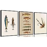 ZPJLRFC 3Pcs Vintage Fishing Canvas Wall Art Minimalism Fishing Gear Posters Artwork Fisherman Cave Painting Pictures Wall Decor for Outdoorsy Cabin Kitchen Fisherman Home Decoration 12x16in Unframed