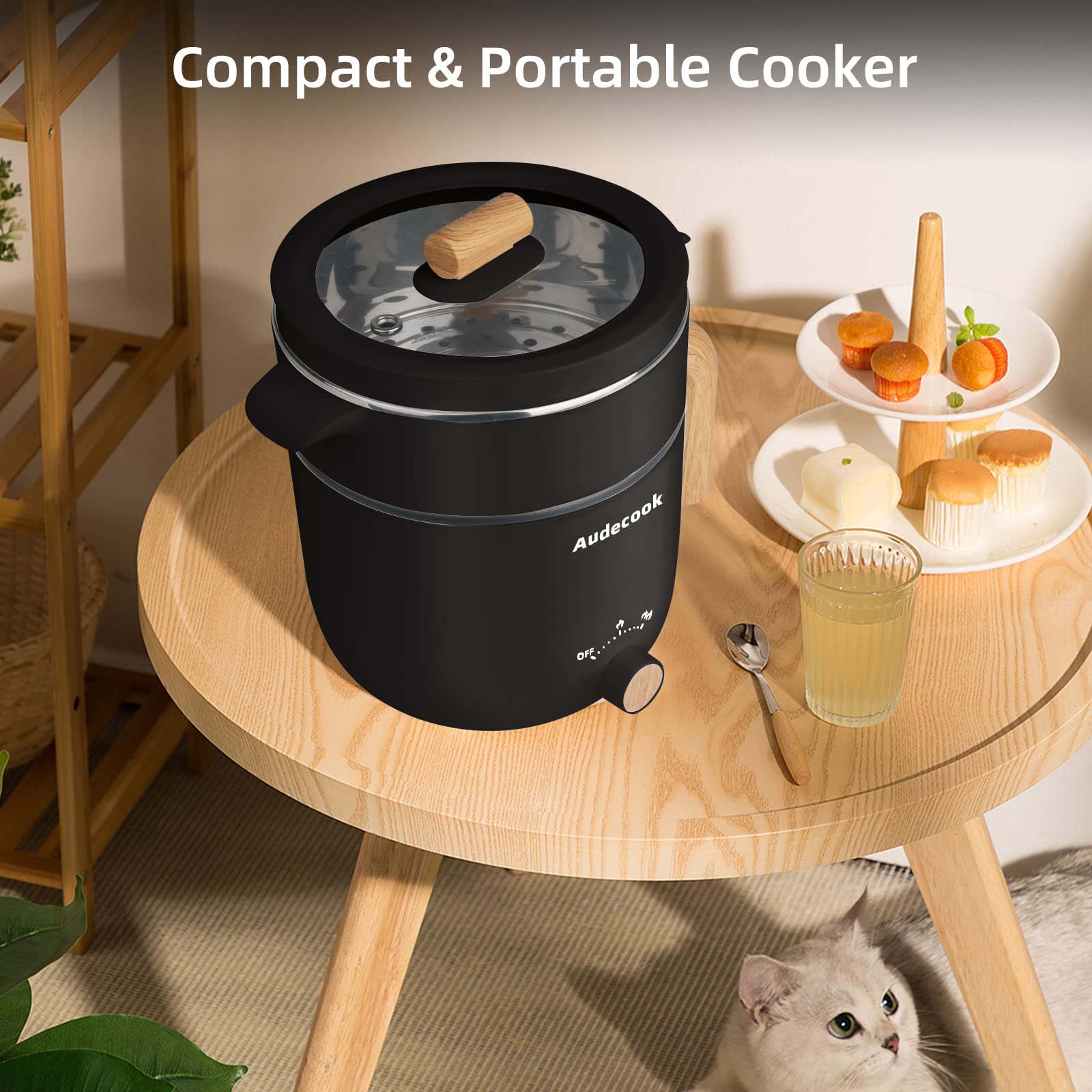 Hot Pot Electric with Steamer, 1.5L Portable Non-Stick Multicooker, Travel Electric Skillet with Dual Power Control for Pasta/Soup/Steak/Egg/Oatmeal (Black)