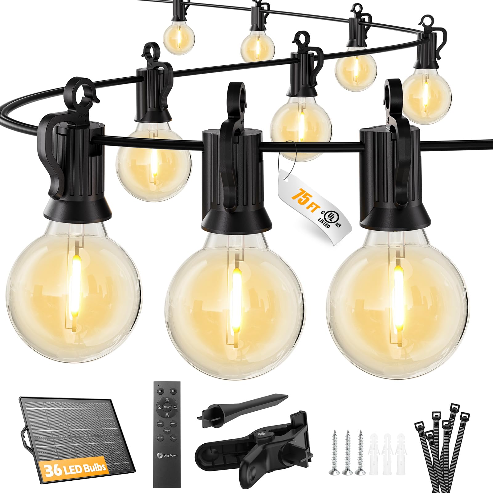 Brightown 75FT 36LED Solar String Lights Outdoor with Remote & USB Port