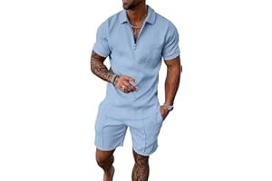 UOUA Mens Summer Track Suits 2 Piece Shorts Sets Short Sleeve Sweatsuit Outfits 1/4 Zip Golf Polo Shirts Loungewear