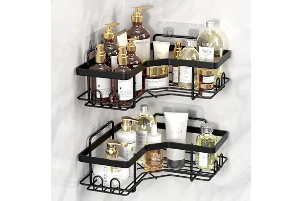 FLATTERMONN 2 Pack Corner Shower Caddy,Strong adhesive Shower Organizer Shelf with 8 hooks.Waterproof, rustproof wall-mounted