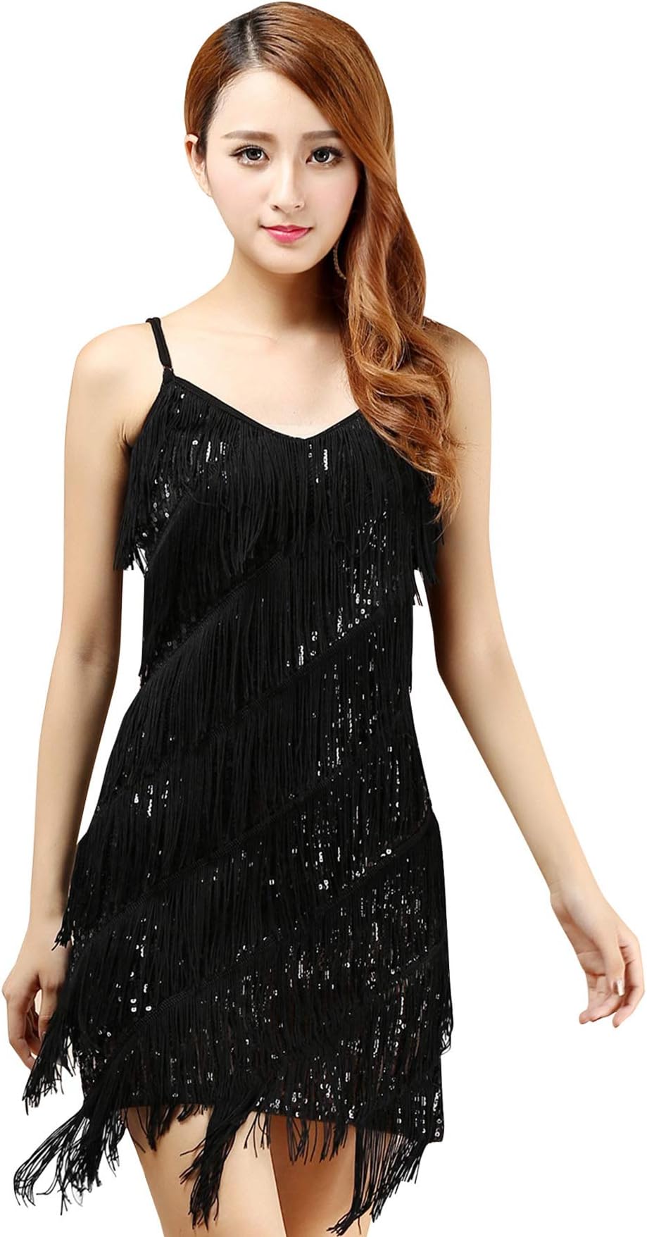 BellyQueen Women's 1920s Tassel Sequins Dance Costume Samba Rumba Tango Dance Dress Vintage Flapper Cocktail Dress Sexy V-Neck, OneSize Silver Black