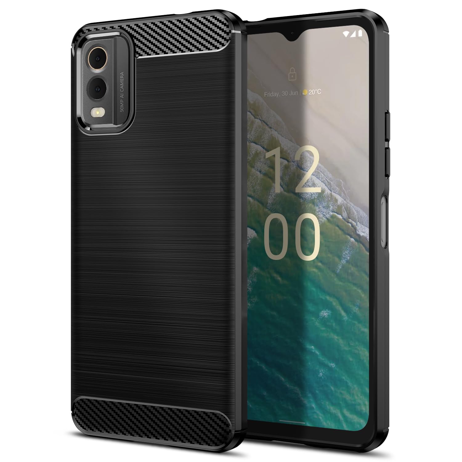 Qiinogow Case Compatible with Nokia C32, Slim Fit Phone Cover with Shock-Absorption, Carbon Fiber TPU Rubber Protective Case, Black โ image 1