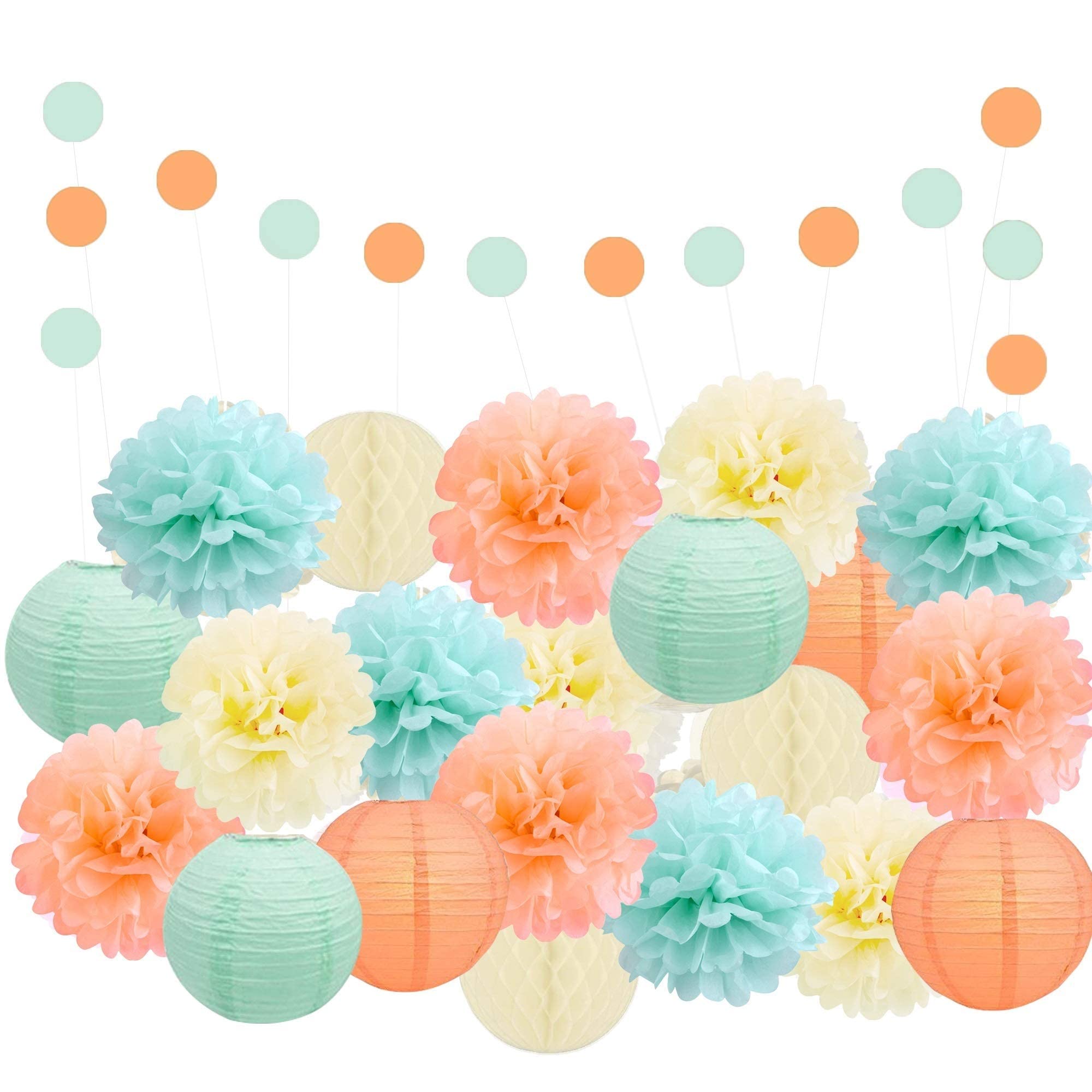EpiqueOne 22-Piece Party Decoration Kit – Mint, Peach, Ivory Hanging Tissue Paper Pom Poms, Paper Lanterns, Honeycomb Balls, Garland – Birthday Party, Wedding, Baby Shower – Easy to Assemble, Pastels