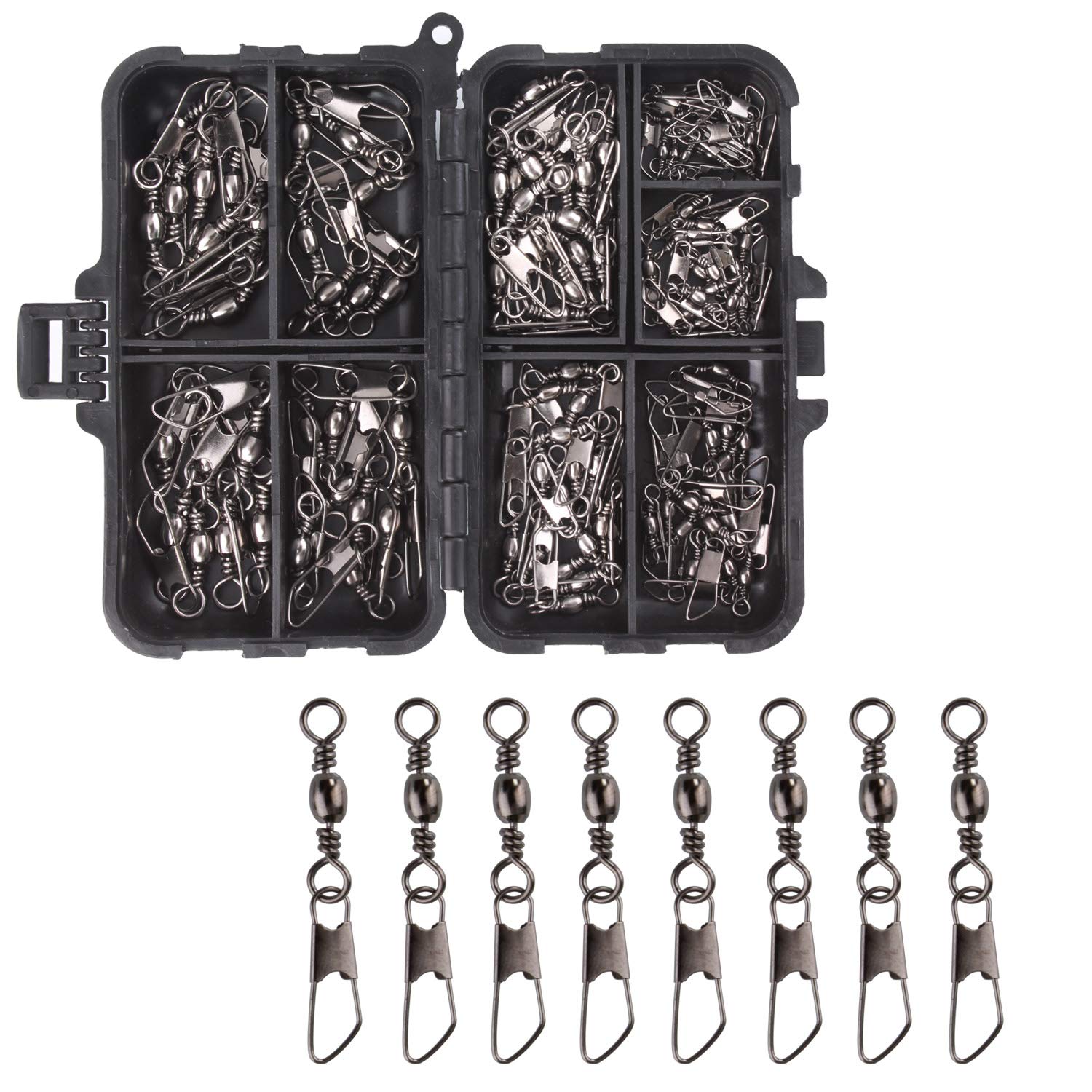 OKVGO 105pcs Barrel Swivel with Safety Snap Connector Fishing Tackle Box Kit 15pcs per Size 2 4 6 8 10 12 14 Style A
