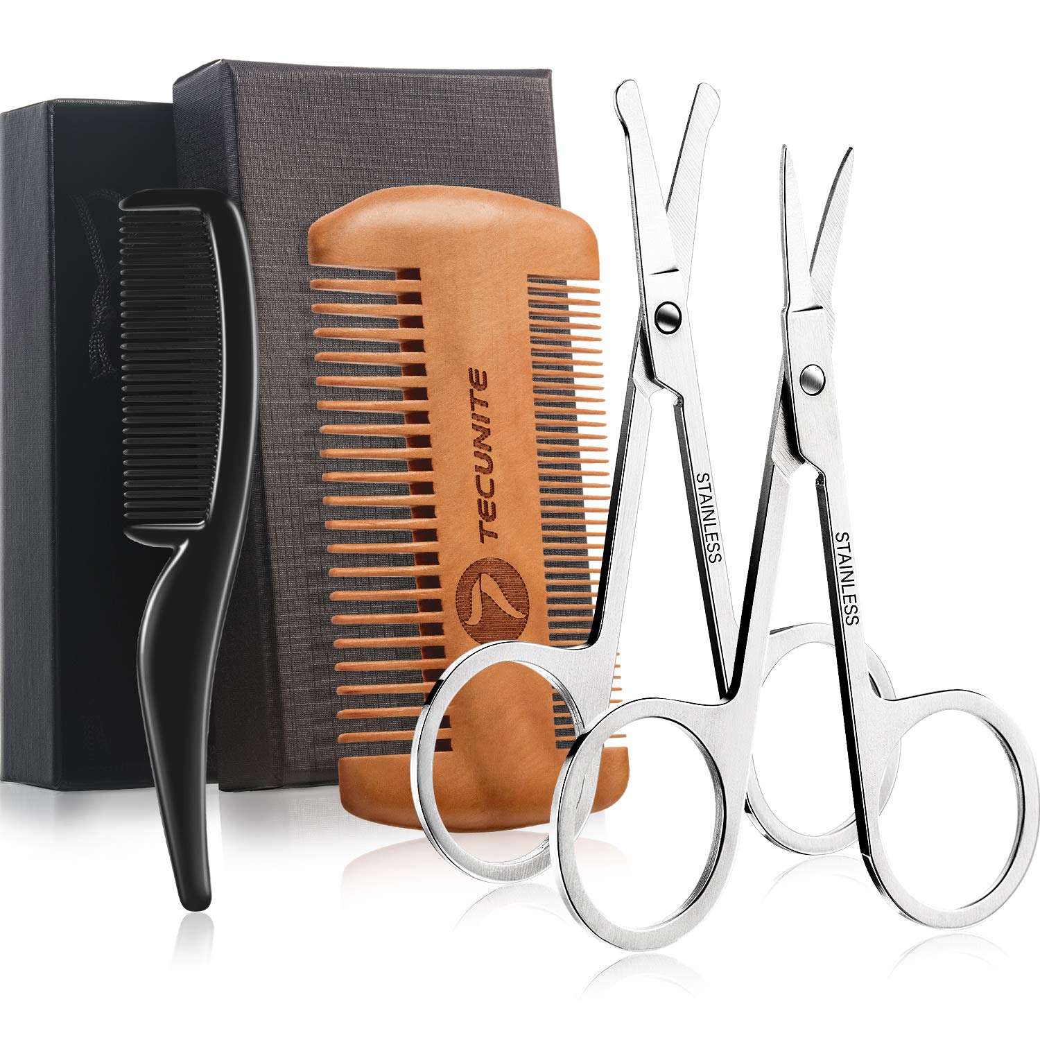 Photo 1 of TecUnite 4 Pieces Mustache Scissors Grooming Kit for Men, Beard Trimmer Set, 2 Small Combs and 2 Scissors Beard Trimming Kit with Storage Bag Box