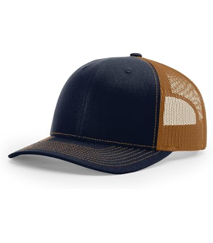 Richardson 112 Mesh Back Trucker Cap Snapback Hat, Navy/Orange at