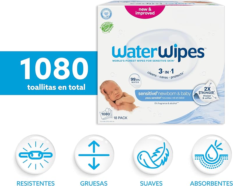 Waterwipes - lenços umedecidos originais sem plástico, contagem 1080 (18 pacotes), formulados com 99,9% de água e sem perfume, ideais para peles sensíveis