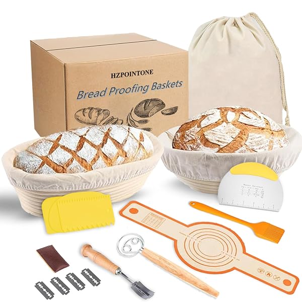 HZPOINTONE BANNETON PROOFING BASKETS SET OF 2, SOURDOUGH BAKING SUPPLIES, BREAD MAKING KIT – 9″ OVAL & 10″ ROUND WITH SILICONE SLING, NATURAL, BPB001
