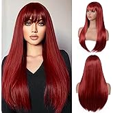 Aida ble Red Wig with Bangs Long Straight Red Wig for Women Heat Resistant Synthetic Wig for Girls Daily Use Party Halloween Cosplay Wig 24inch