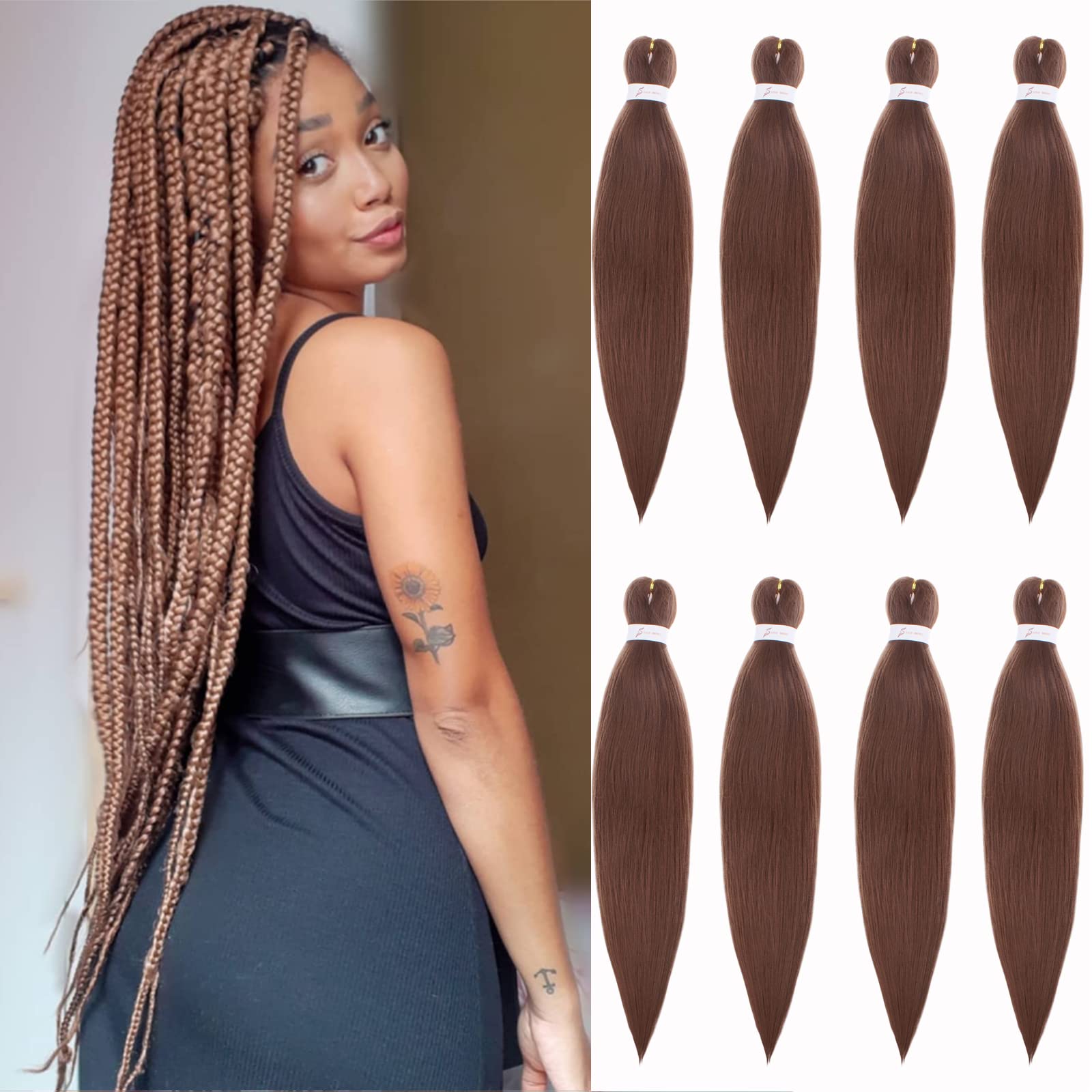Xtrend EZ Pre Stretched Braiding Hair 26 Inch 8 Packs Dark Brown Pre Stretched Crochet Braiding Hair Professional Synthetic Hair Extension Yaki Texture Braiding Hair for Crochet Twist Braids 30#