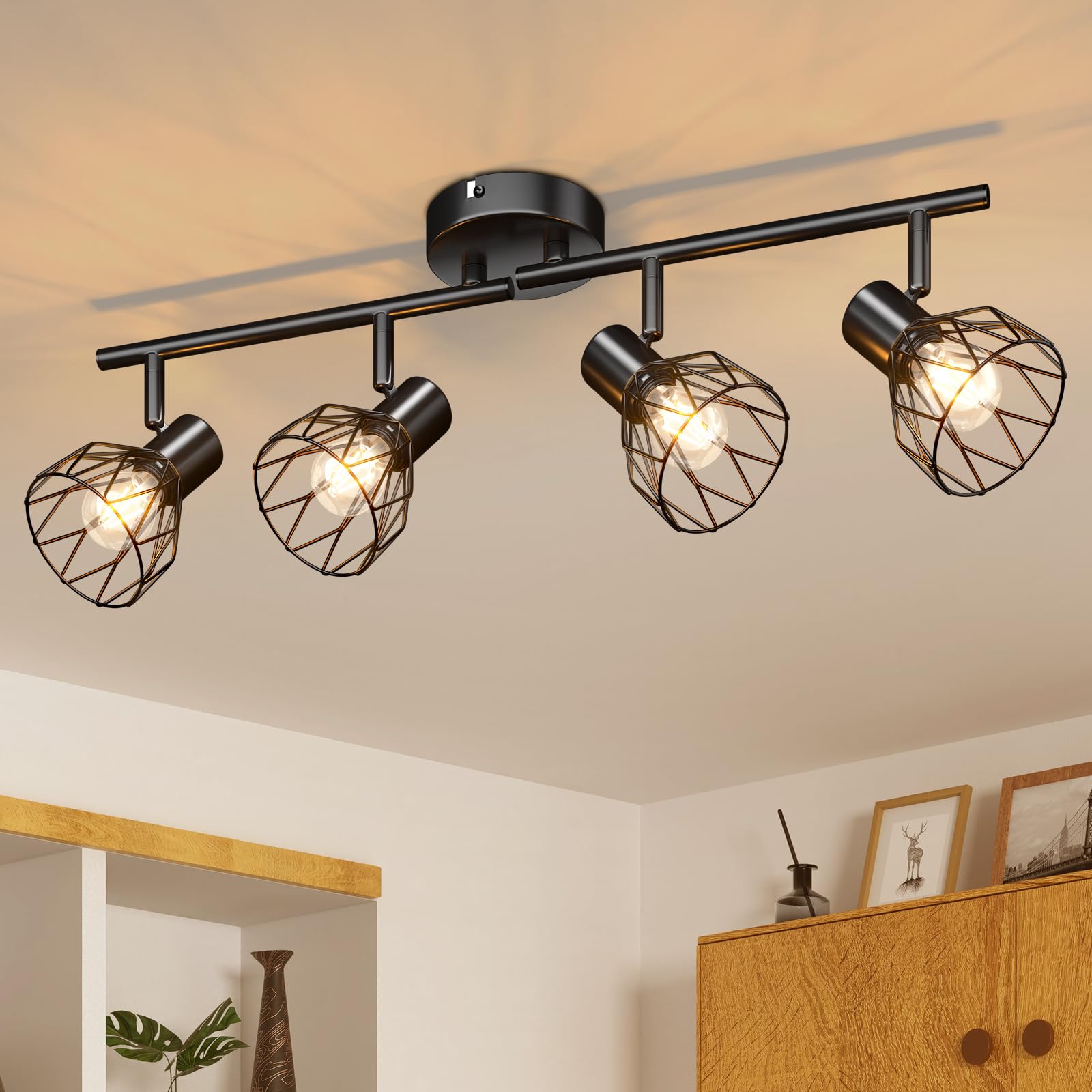 Kimjo 4 Way Ceiling Spotlight Rotatable - Spot Light Fittings Ceiling Kitchen Lighting Ceiling Lights Black Wire Cage - Industrial Wall Lights for Living Room Bedroom Hallway E14 No Bulb