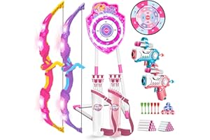 VATOS 2 Pack Bow and Arrow Toy with LED Light - 4 in 1 Archery & Dart Game Set with 20 Suction Cup Arrows, Mermaid Glow Target & Dart Board - Indoor/Outdoor Birthday Gift for Kids Boys Girls Ages 5-12