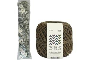 100% Organic Hemp Candle Wick 2.0mm Thick + Wick Sustainer Tabs 200pcs for Candle Making, 23 Bees, European Imported Hemp Spool 200ft with Natural Beeswax Coating