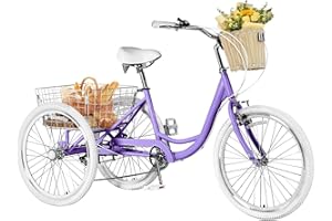 TFONSIGI Adult Tricycles 7 Speed, 20/24/26 inch Tricycle for Adults, 3 Wheel Trikes with Basket, Cruiser Bicycles for Women and Men, Without Mudguard, White/Brown/Black Tires, Front Basket