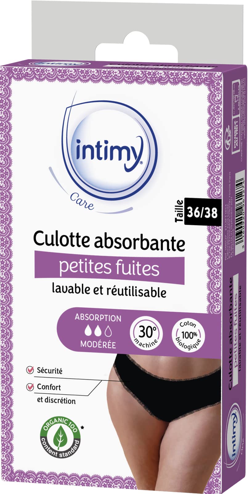 INTIMY CARE Small Leakage Lace Panties - Moderate Absorption - 95% Organic Cotton - Washable & Reusable - Size 36/38 Black