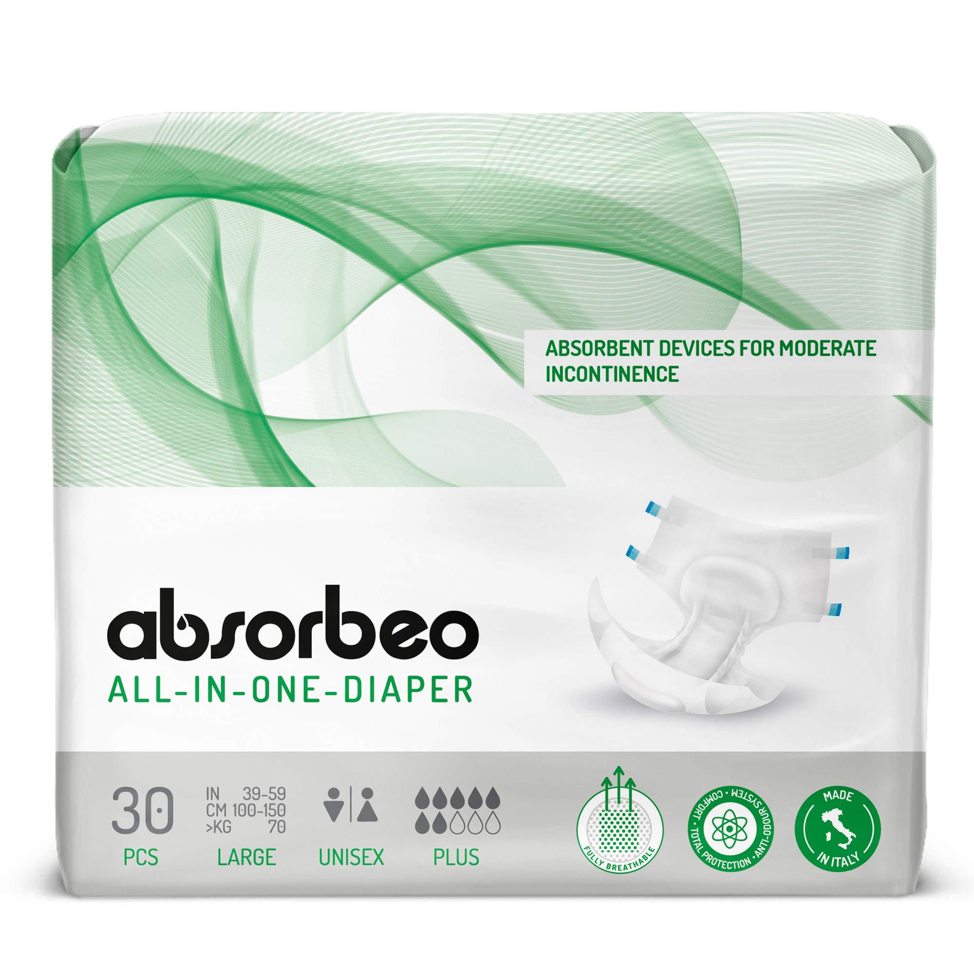 Absorbeo - All-In-One Diaper Plus - Unisex Absorbent Devices for Moderate Incontinence, Size L (30 pieces/pack)