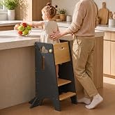 COSYLAND Toddler Standing Tower Adjustable Height | Super Stable Toddler Kitchen Stool Helper - 3 Levels Adjustable Wooden Kids Kitchen Stool (Natural &amp; Black)