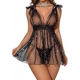 Kolagri Women Sexy Sparkly Sequin Mesh Sheer Deep V Neck Lace Babydoll Lingerie Dress Set with Thong 2 Piece
