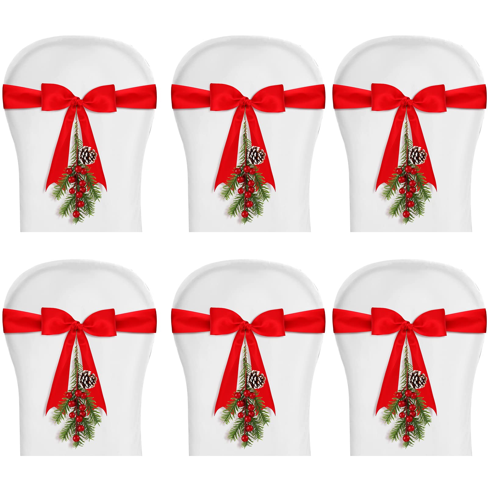 6 Pcs Christmas Chair Decoration - Red Ribbons & Berries Pine Sashes for Events & Home Decor