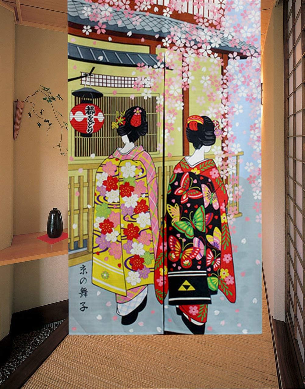 LIGICKY Noren Japanese Style Long Doorway Curtain Kyoto Geisha Girls and Cherry Blossom Window Treatment Tapestry for Home Decoration 85 x 150 cm