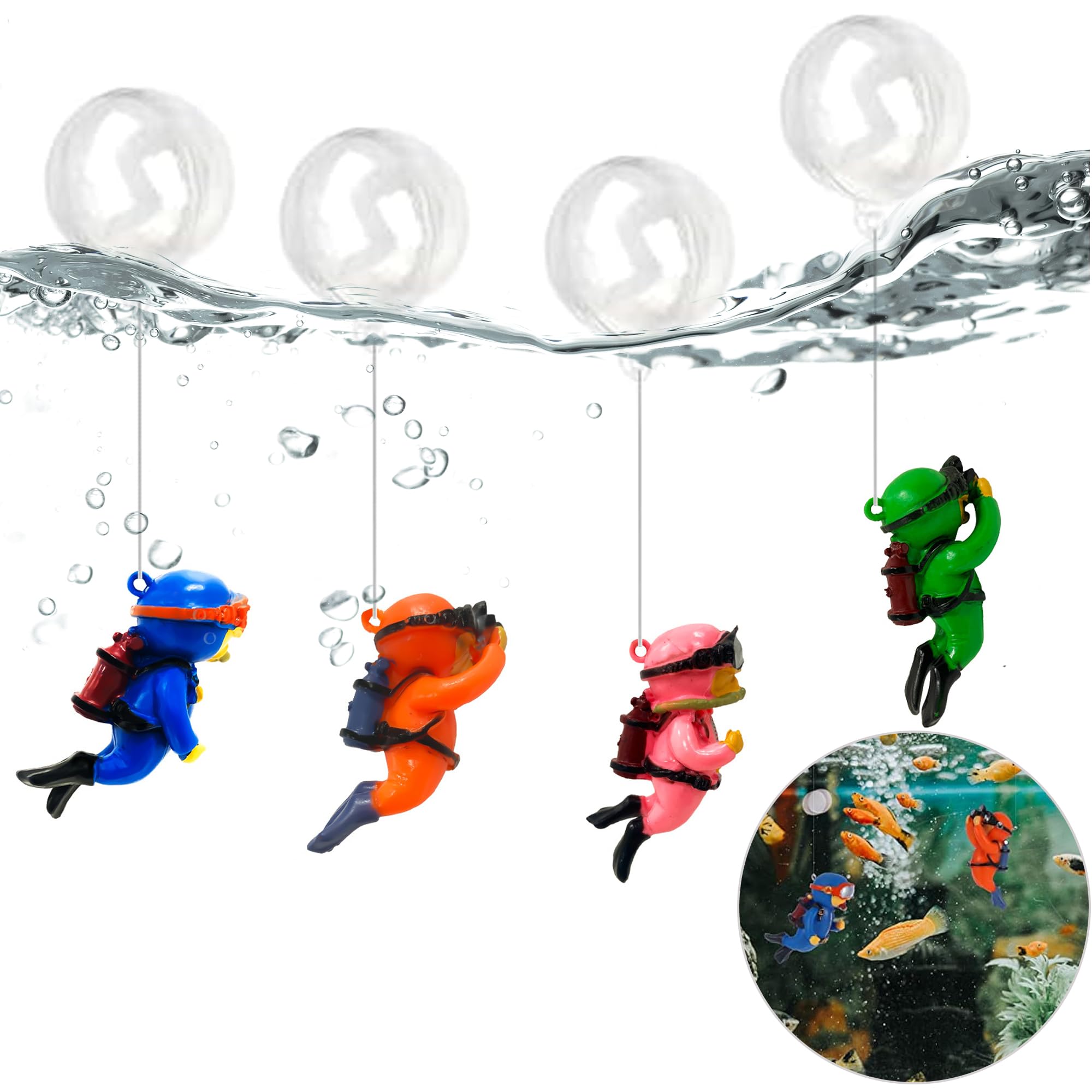 LZGOPE 4 Mini Fish Tank Decorations - Floating Diver with Water Globes and Fish Line, Resin Aquarium Accessories