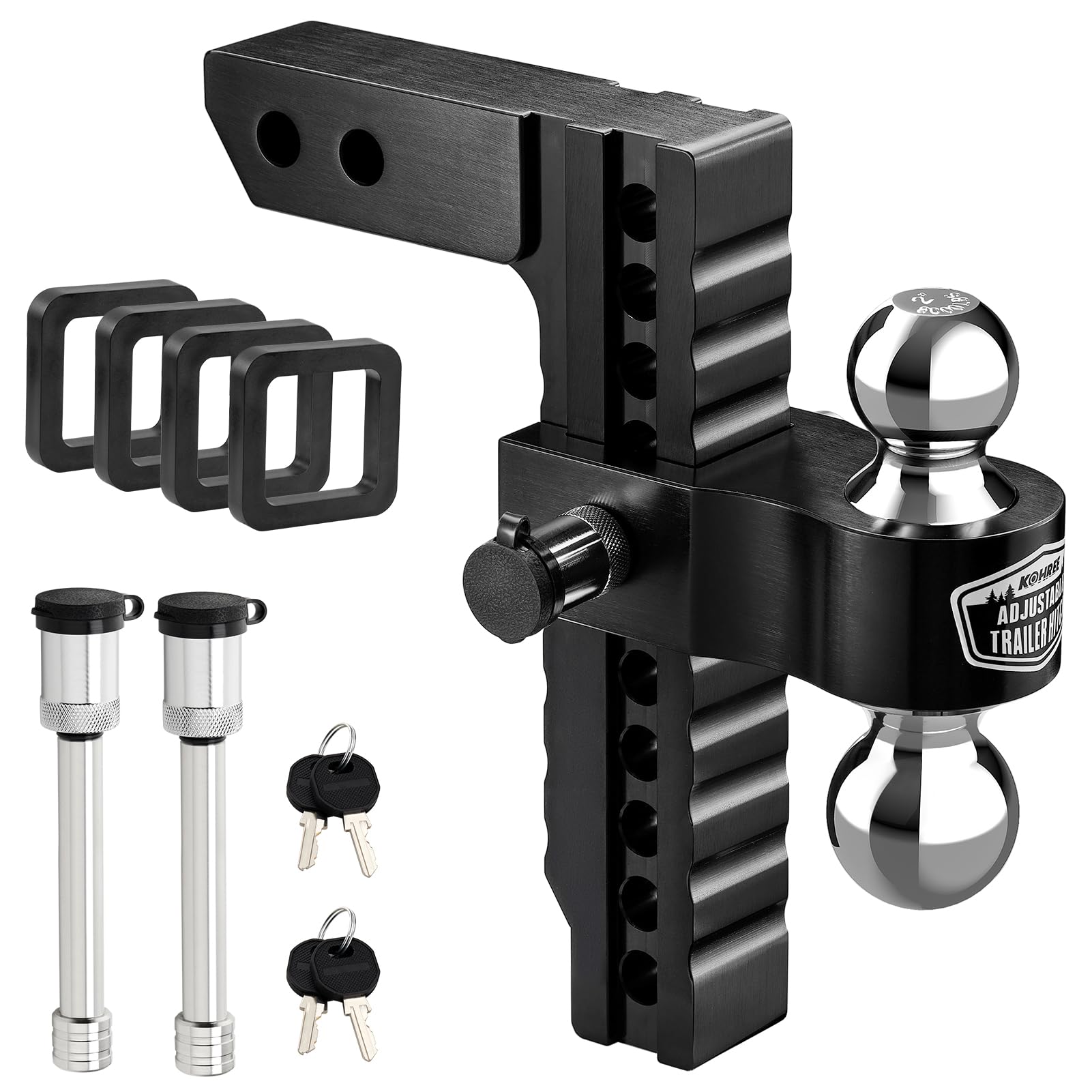 Photo 1 of Kohree Adjustable Trailer Hitch Fit 2 Inch Receiver, Dual Solid Ball 2" and 2-5/16"(12,500 LBS GTW), 10" Drop & Rise Heavy Duty Aluminum Tow Hitch with 4 Silencer Pads & 2 Locking Hitch Pin, Black