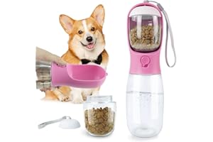SCLOSE Dog Water Bottle with Food Container, Leak Proof Portable Dog Water Bowl, Drinking Feeder & Dish Bowl, Unique Dog Travel Accessories for Yorkie Chihuahua Walking, Hiking (19oz Pink).（2 in 1）