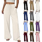Wide Leg Pants Woman Flowy Drawstring Elastic Waist Trousers Summer Vacation Beach Palazzo Lounge Pants with Pockets