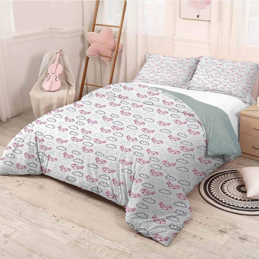 prunushome Airplane Duvet Cover Set Cute Pink Airships with Clouds in Blue Tones Doodle Kids Journey Duvet Cover Set & Pillowcase Navy Blue Pale Blue Hot Pink Twin
