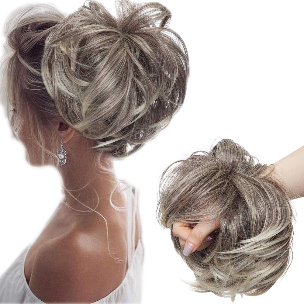 Large Updo Messy Bun Hair Extension Wavy With Elastic Rubber Band 80G Synthetic Thick Chignon Donut Ponytail Hairpiece For Women, Dark Brown & Bleach Blonde