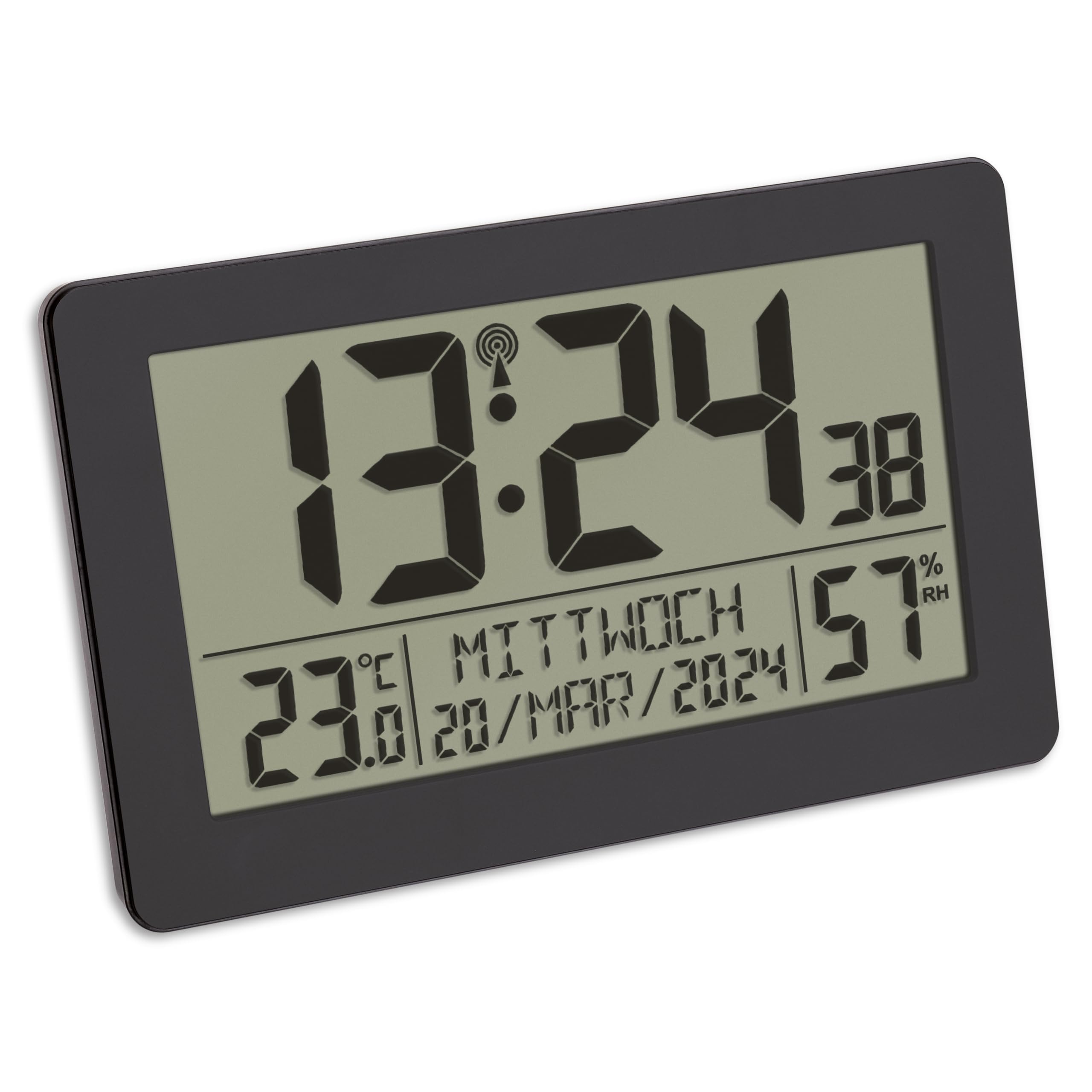 TFA Dostmann 60.2557.01 Digital Radio-Controlled Wall Clock Large Display with Temperature Display Date Days of the Week Plastic Black L 206 x W 30 (59) x H 130 mm