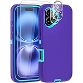 Case for iPhone 16 Plus Case 6.7" with 2 Screen Protector + 2 Camera Lens Protector, Full Body Heavy Duty Military Grade Cover, Shockproof/Drop Proof Protection Phone Case (Purple Blue)