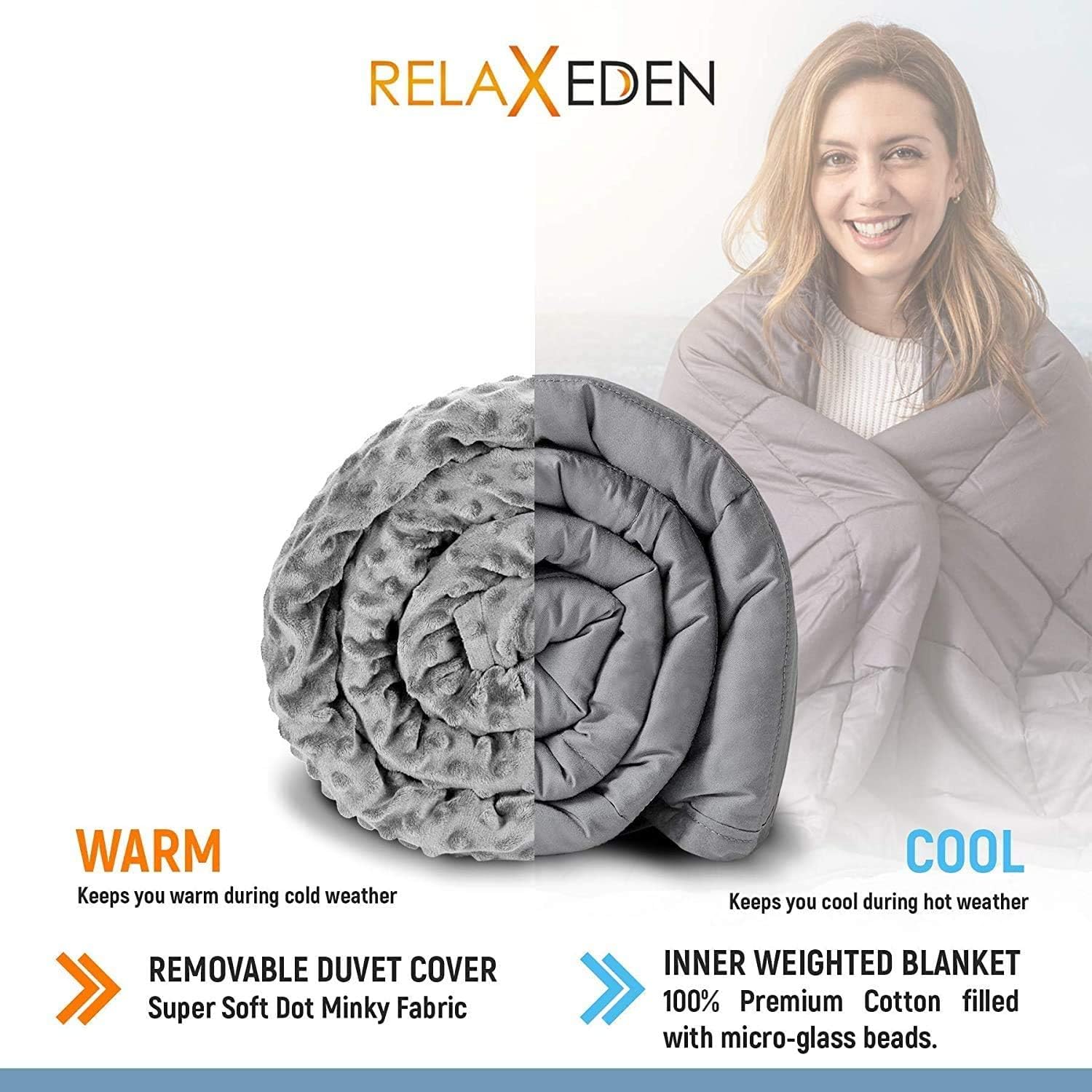 RELAX EDEN Adult Weighted Blanket W/Removable, Washable Duvet Cover| 15 lbs, 60”x 80” Size| Heavy Glass Micro-Beads| Supreme Sleeping Comfort for Adults| Hot & Cold Sleeping| 100% Soft Cotton Build: Home & Kitchen